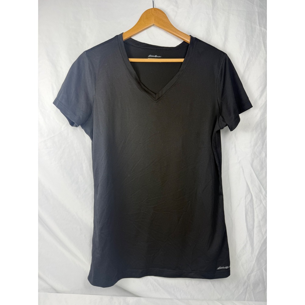 Eddie Bauer L Womens FreeDry V-Neck T-Shirt Black Short Sleeve Active Top